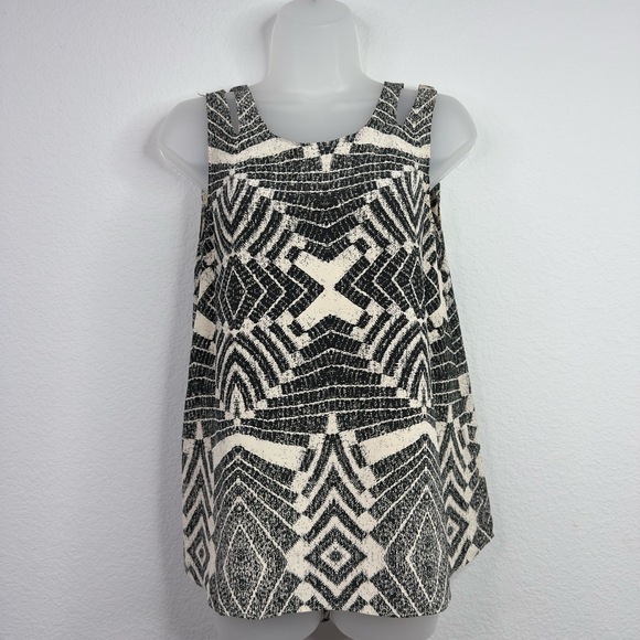 Fynn and Rose Shirt Womens XS Black Beige Silk Abstract Geometric Artsy Boho - Picture 1 of 6